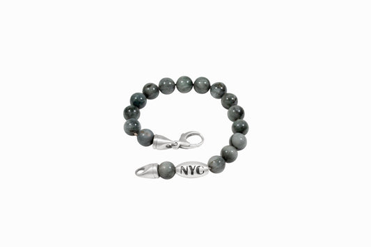 925 Sterling Silver Chain Embedded on Beaded Larvikite Stone Bracelet