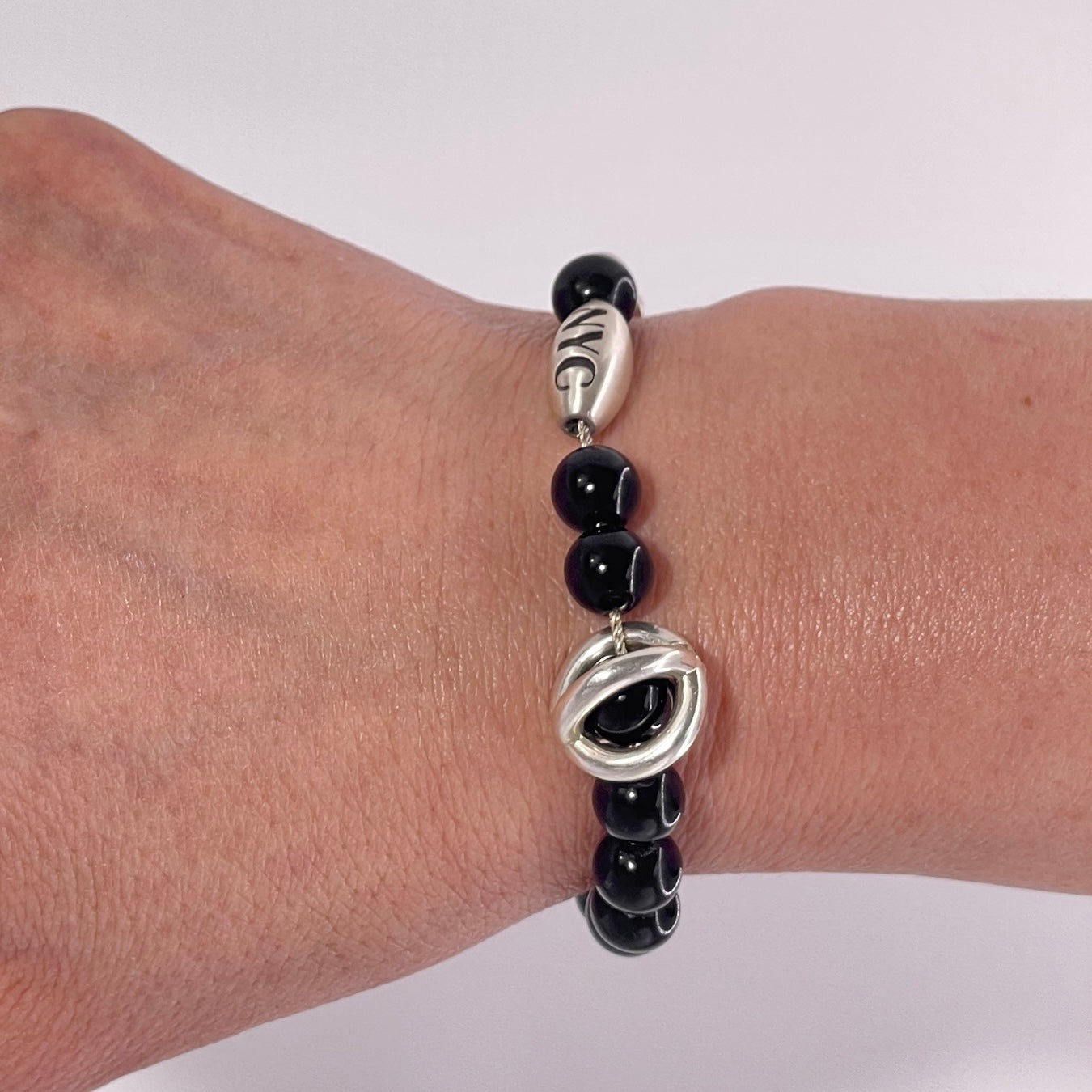 925 Sterling Silver Chain Embedded on Onyx Beaded Bracelet