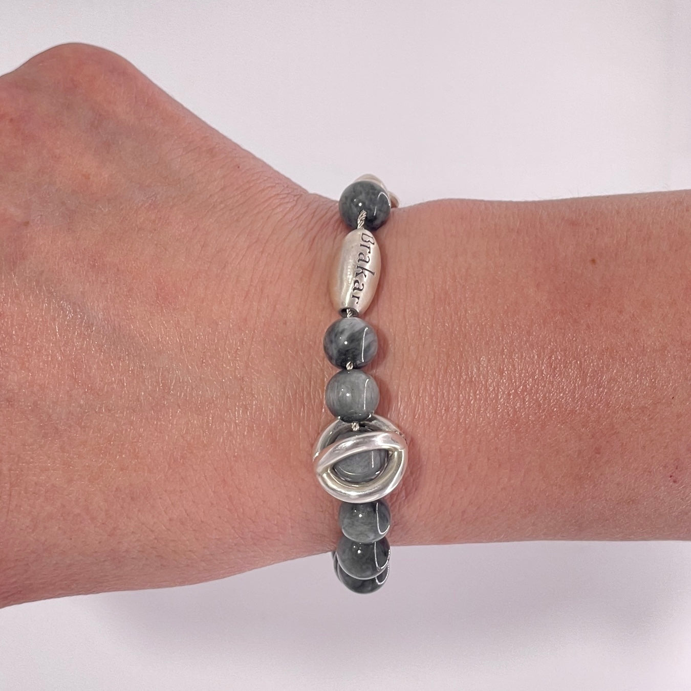 925 Sterling Silver Chain Embedded on Beaded Larvikite Stone Bracelet